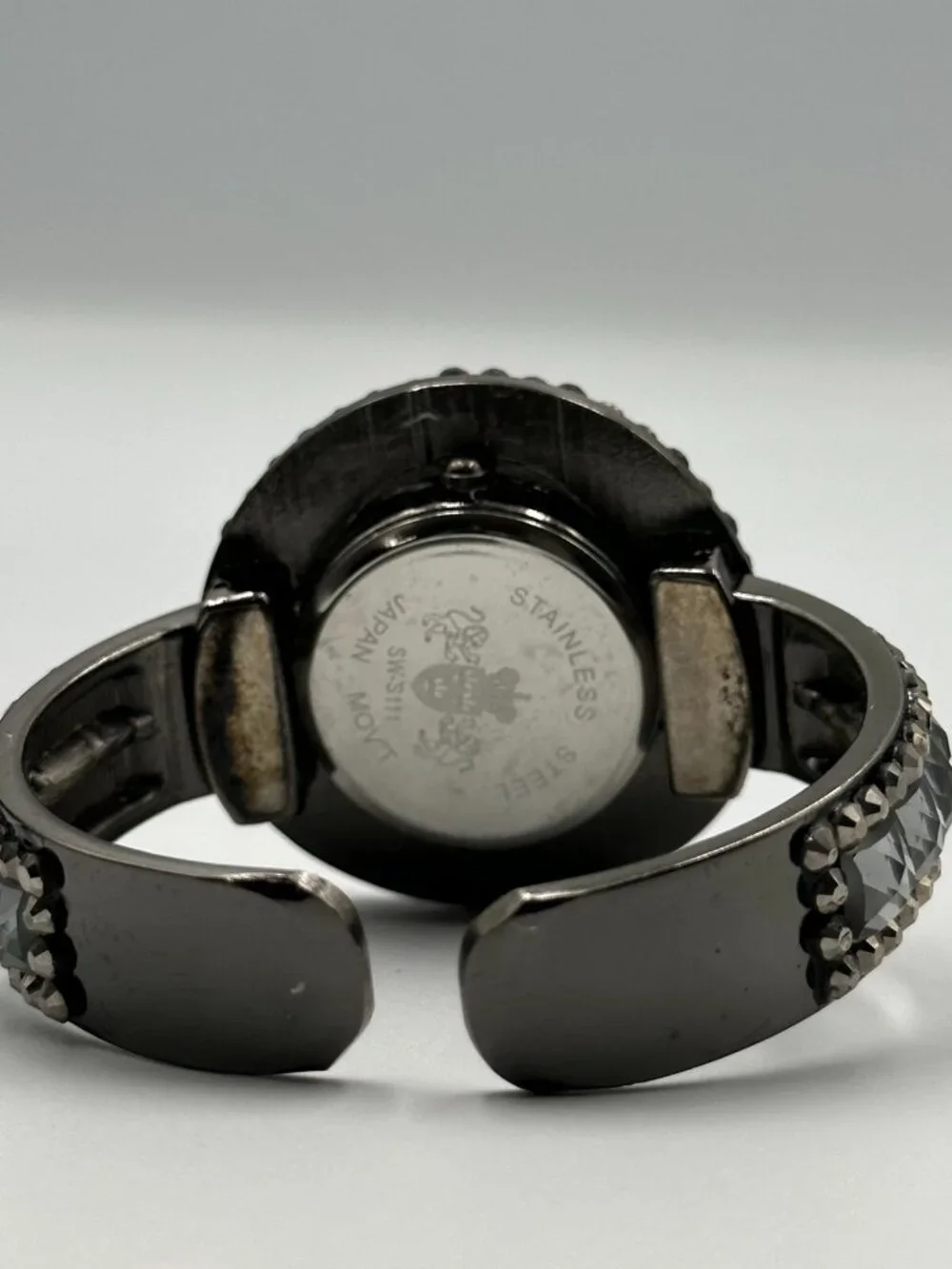 Cannes Rhinestone Watch Women Gunmetal Hinged Cuff Band New Battery 6.5